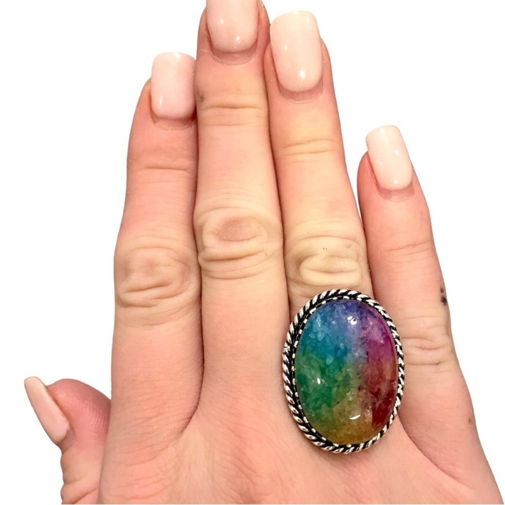 Rainbow Solar Quartz 925 Silver Plated Ring - Size 6.5. New - Never Worn
